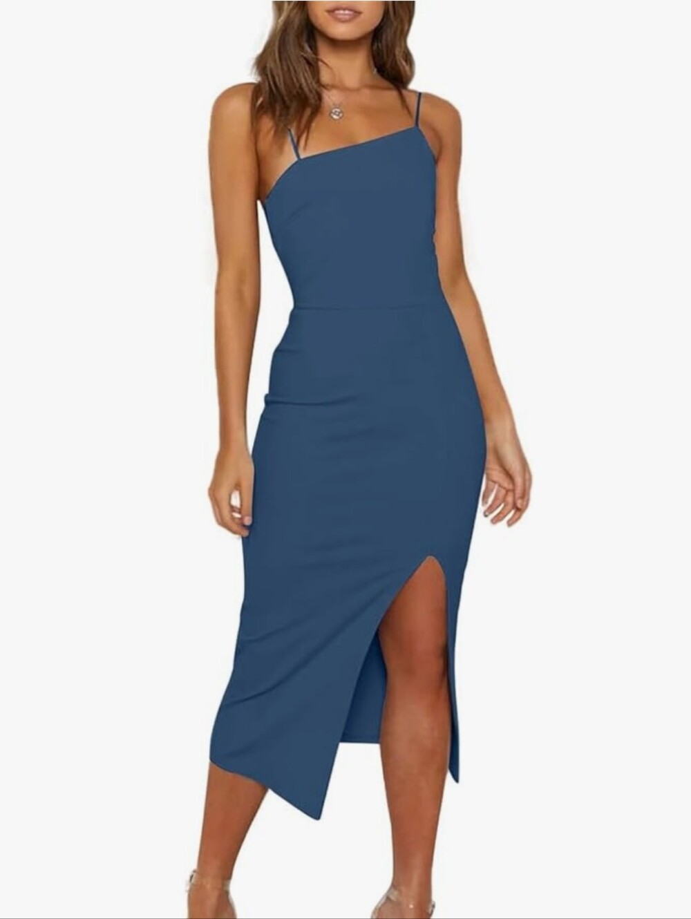 Owin Blue sheath dress With asymmetrical neckline and a high side slit, Size Med
